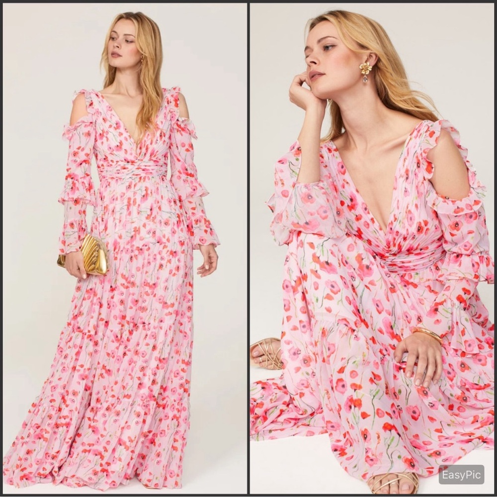 NWT Mac Duggal 55906 Pink Ruffle Sleeve Floral Print Gown Size 12